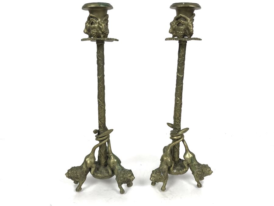 Pair Of Vintage 1980 Brass Candlesticks With Three Lions At Base By Arthur Court Designs 12H
