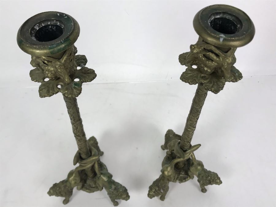 Pair Of Vintage 1980 Brass Candlesticks With Three Lions At Base By Arthur Court Designs 12H [Photo 7]