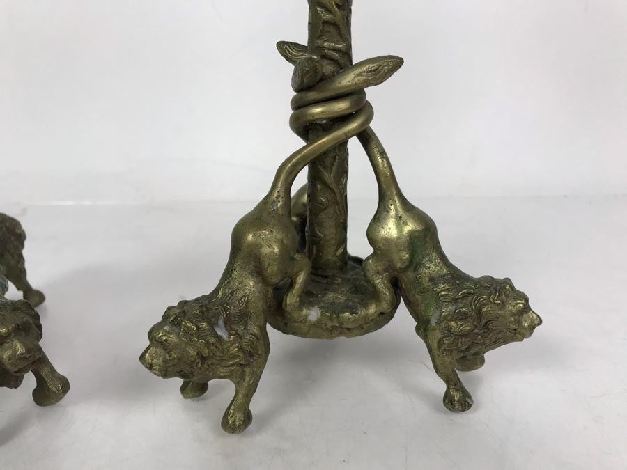 Pair Of Vintage 1980 Brass Candlesticks With Three Lions At Base By Arthur Court Designs 12H [Photo 3]