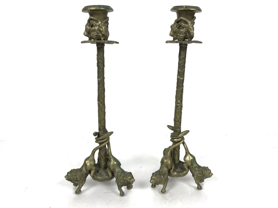 Pair Of Vintage 1980 Brass Candlesticks With Three Lions At Base By Arthur Court Designs 12H [Photo 2]