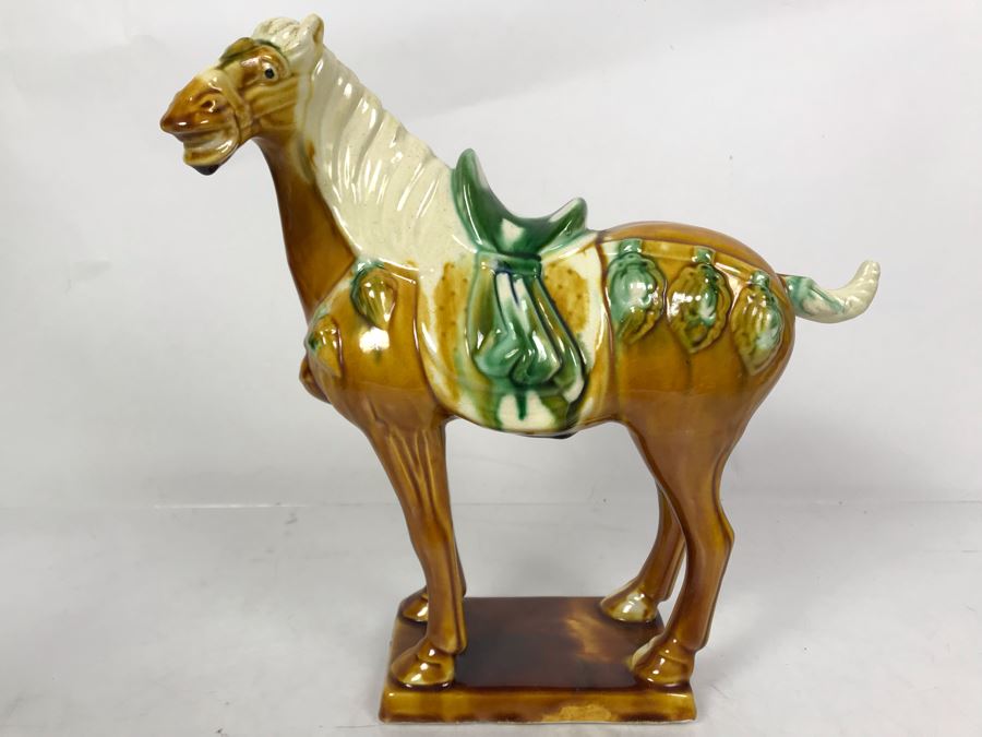Signed Asian Majolica Horse Sculpture 11W X 5D X 11H
