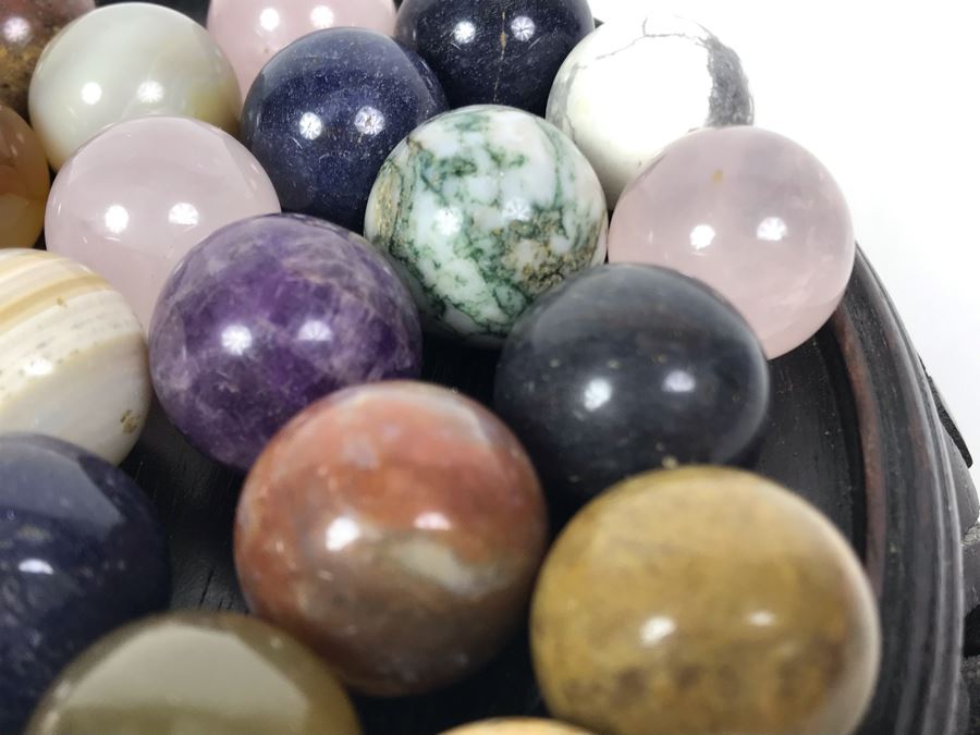 Collection Of Various Polished Stone Marbles With Wooden Stand [Photo 5]