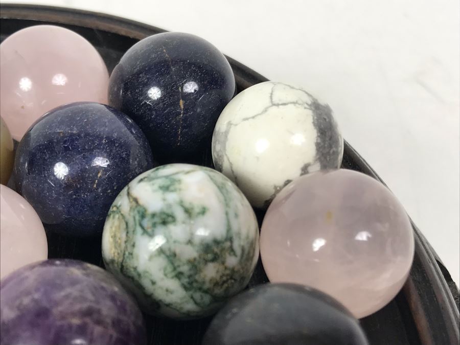 Collection Of Various Polished Stone Marbles With Wooden Stand [Photo 16]