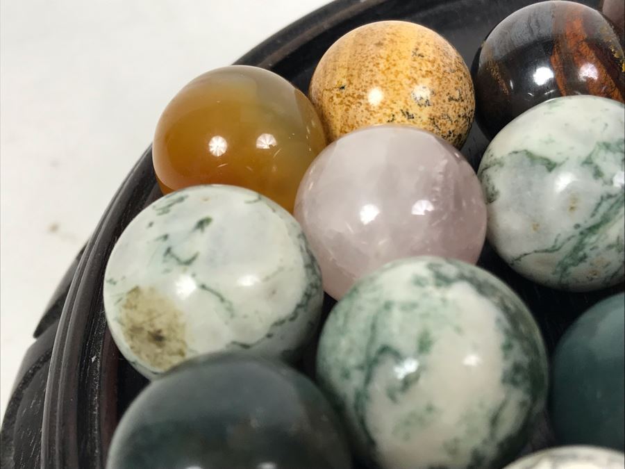 Collection Of Various Polished Stone Marbles With Wooden Stand [Photo 12]