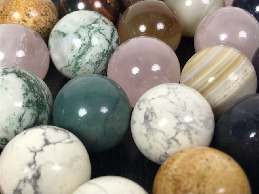 Collection Of Various Polished Stone Marbles With Wooden Stand [Photo 9]