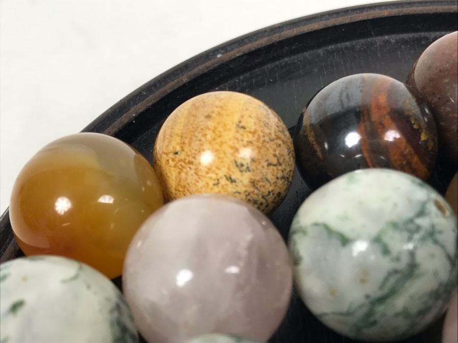 Collection Of Various Polished Stone Marbles With Wooden Stand [Photo 13]