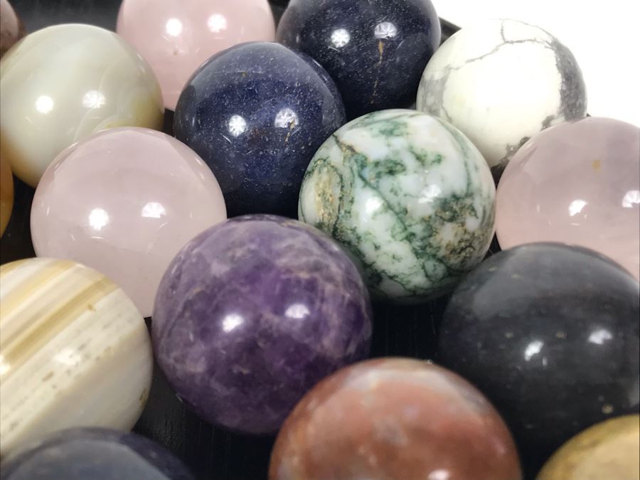 Collection Of Various Polished Stone Marbles With Wooden Stand [Photo 11]