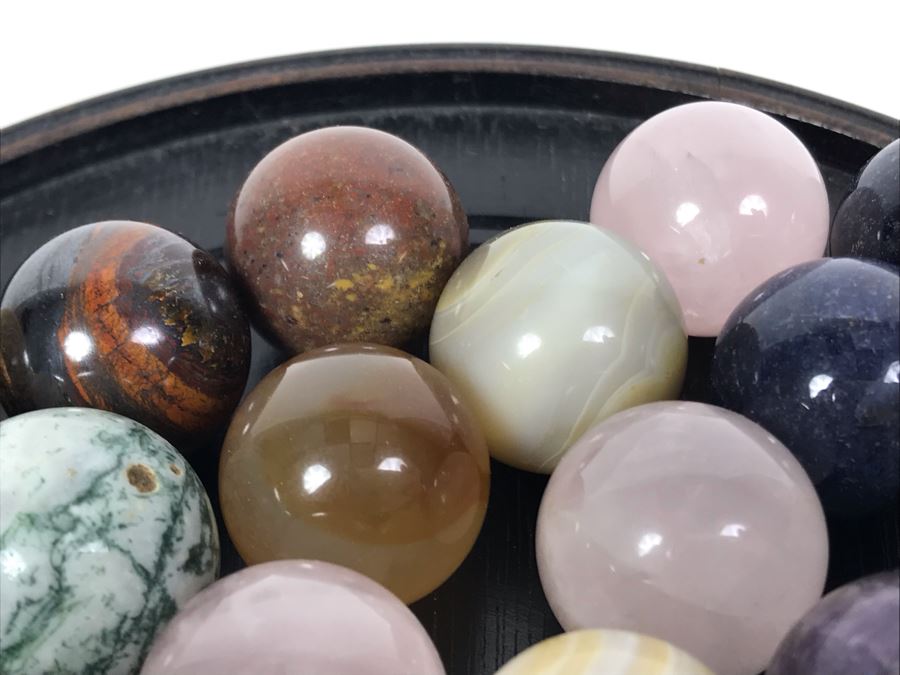 Collection Of Various Polished Stone Marbles With Wooden Stand [Photo 14]