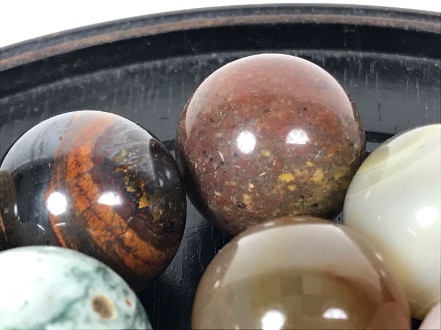 Collection Of Various Polished Stone Marbles With Wooden Stand [Photo 17]