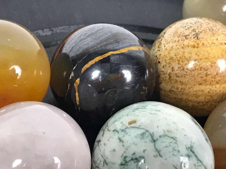 Collection Of Various Polished Stone Marbles With Wooden Stand [Photo 20]