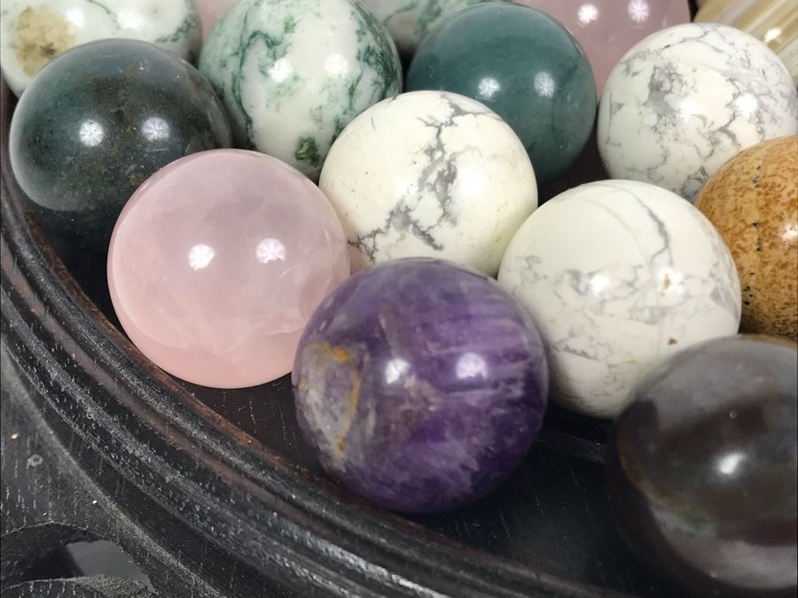 Collection Of Various Polished Stone Marbles With Wooden Stand [Photo 7]