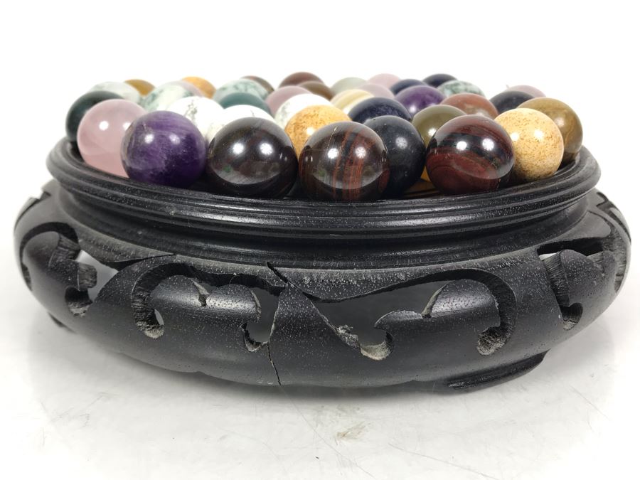 Collection Of Various Polished Stone Marbles With Wooden Stand [Photo 19]