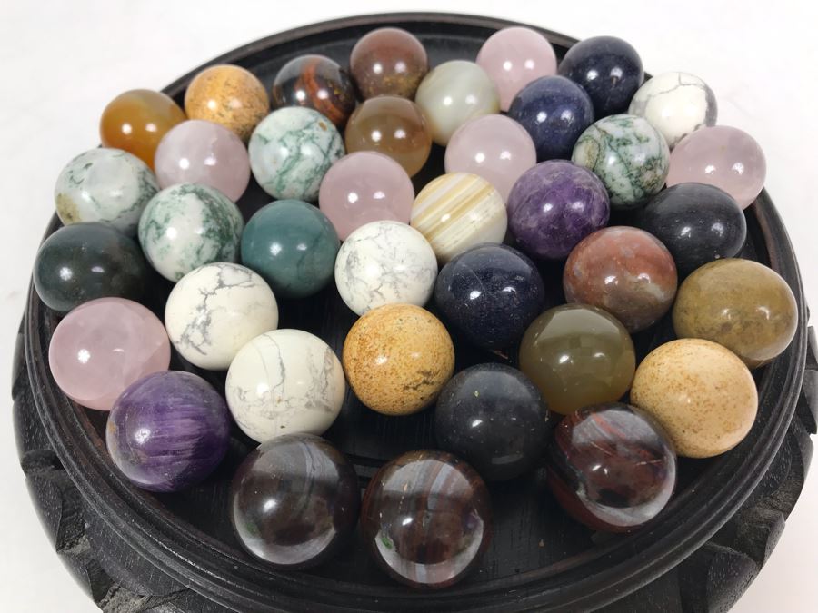 Collection Of Various Polished Stone Marbles With Wooden Stand [Photo 2]