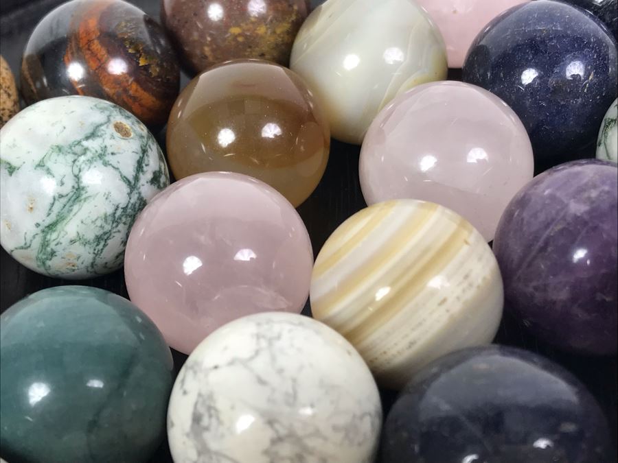 Collection Of Various Polished Stone Marbles With Wooden Stand [Photo 10]