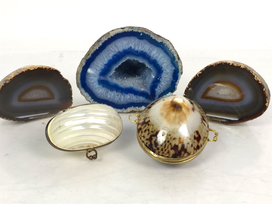 (3) Polished Geode Rocks And Pair Of Shell Boxes