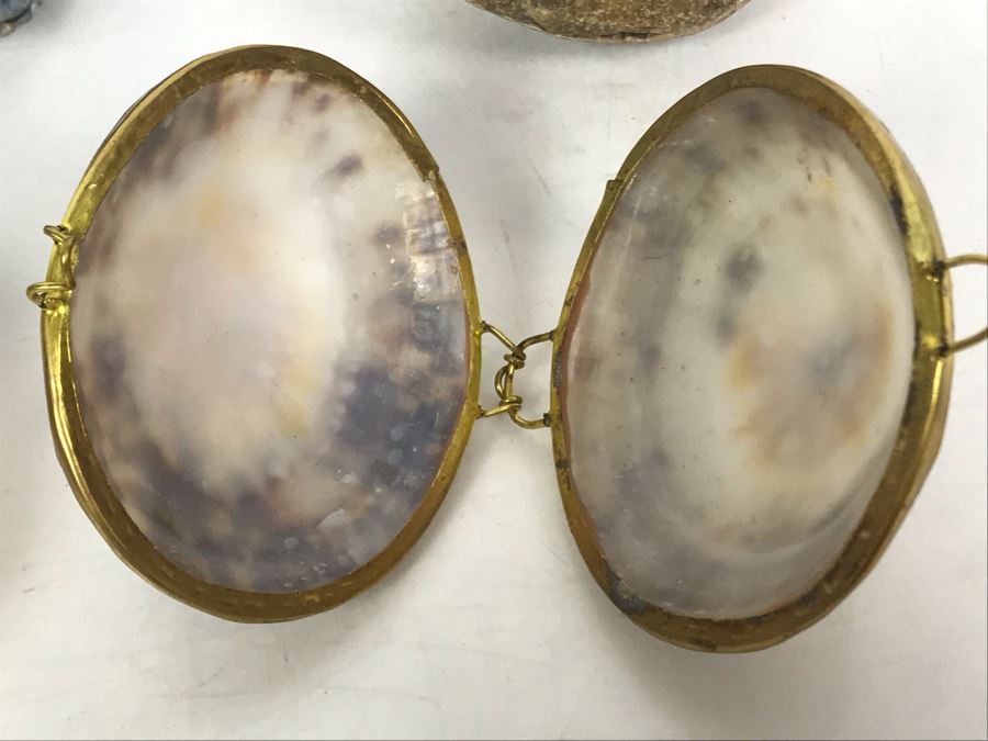 (3) Polished Geode Rocks And Pair Of Shell Boxes [Photo 11]