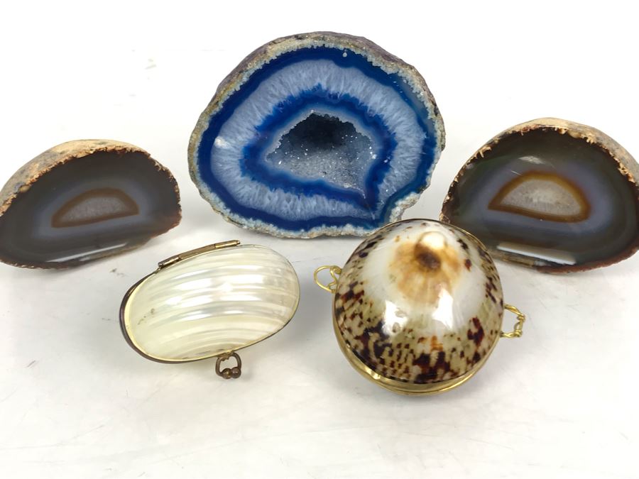 (3) Polished Geode Rocks And Pair Of Shell Boxes [Photo 2]
