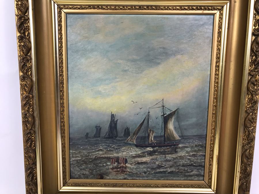 Original Nautical Marine Sailboat Oil Painting On Board 12 X 14.5 - Writing On Back [Photo 3]