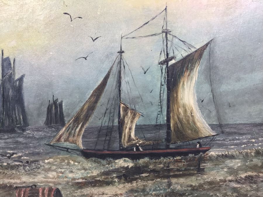 Original Nautical Marine Sailboat Oil Painting On Board 12 X 14.5 - Writing On Back [Photo 5]