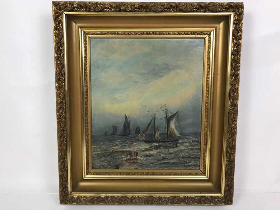 Original Nautical Marine Sailboat Oil Painting On Board 12 X 14.5 - Writing On Back [Photo 2]
