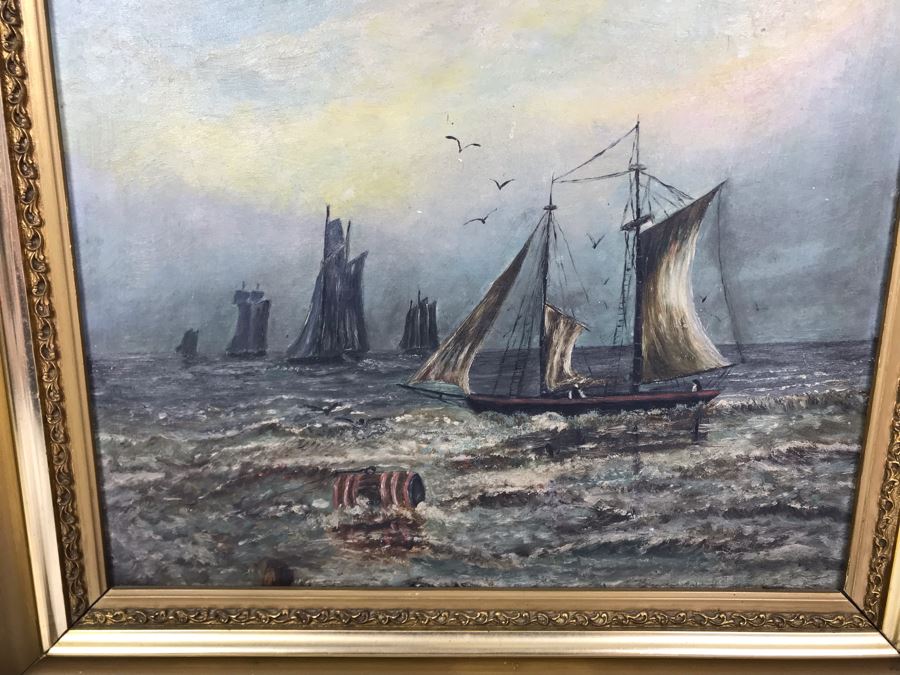 Original Nautical Marine Sailboat Oil Painting On Board 12 X 14.5 - Writing On Back [Photo 4]