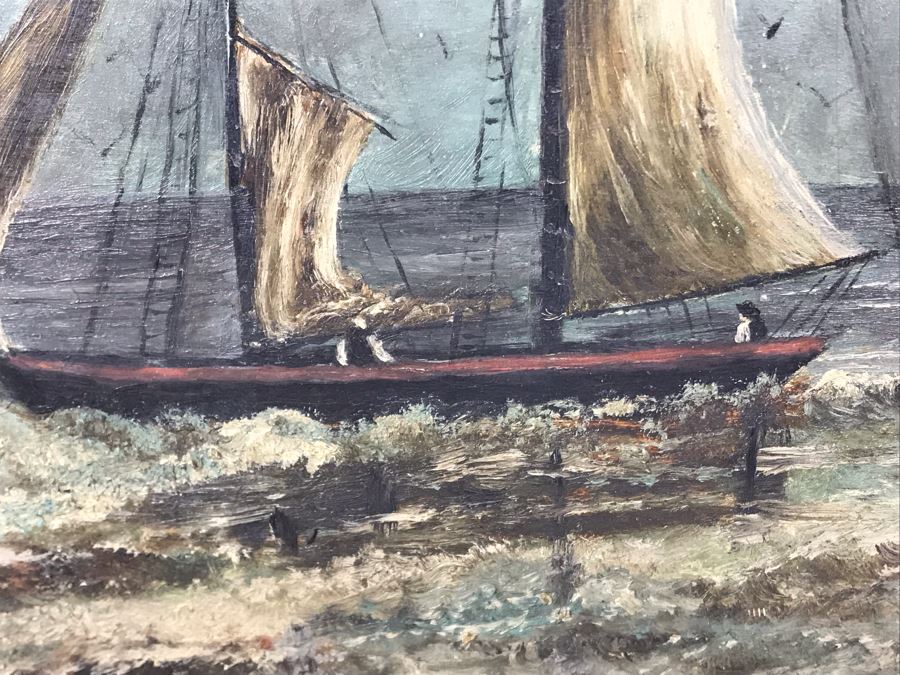 Original Nautical Marine Sailboat Oil Painting On Board 12 X 14.5 - Writing On Back [Photo 6]