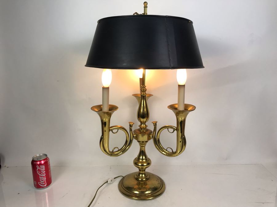 Stunning Heavy Brass 3-Light Trumpet Table Lamp With Metal Adjustable Height Shade 27H [Photo 2]