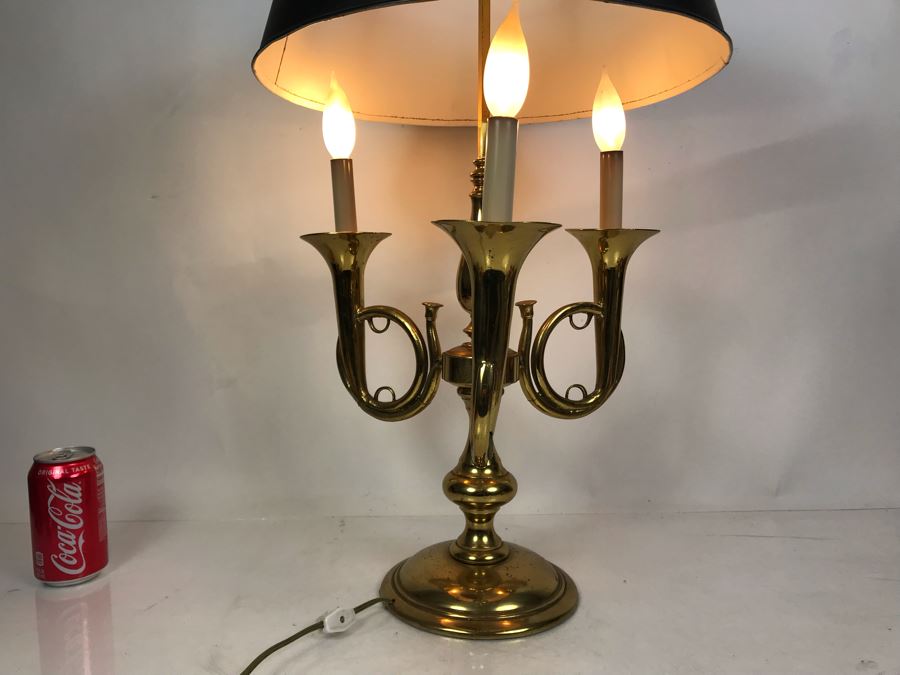 Stunning Heavy Brass 3-Light Trumpet Table Lamp With Metal Adjustable Height Shade 27H [Photo 4]