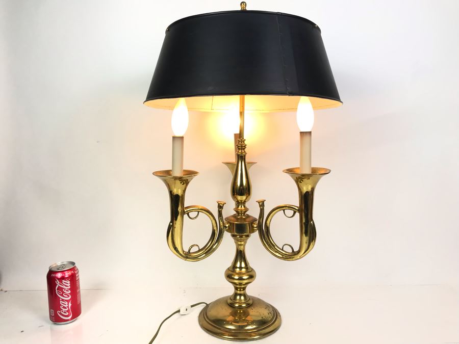 Stunning Heavy Brass 3-Light Trumpet Table Lamp With Metal Adjustable Height Shade 27H [Photo 1]