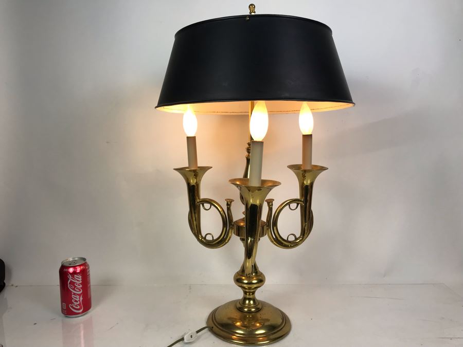 Stunning Heavy Brass 3-Light Trumpet Table Lamp With Metal Adjustable Height Shade 27H [Photo 3]