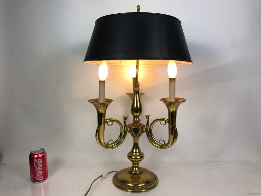 Stunning Heavy Brass 3-Light Trumpet Table Lamp With Metal Adjustable Height Shade 27H [Photo 11]