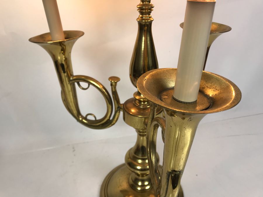 Stunning Heavy Brass 3-Light Trumpet Table Lamp With Metal Adjustable Height Shade 27H [Photo 6]