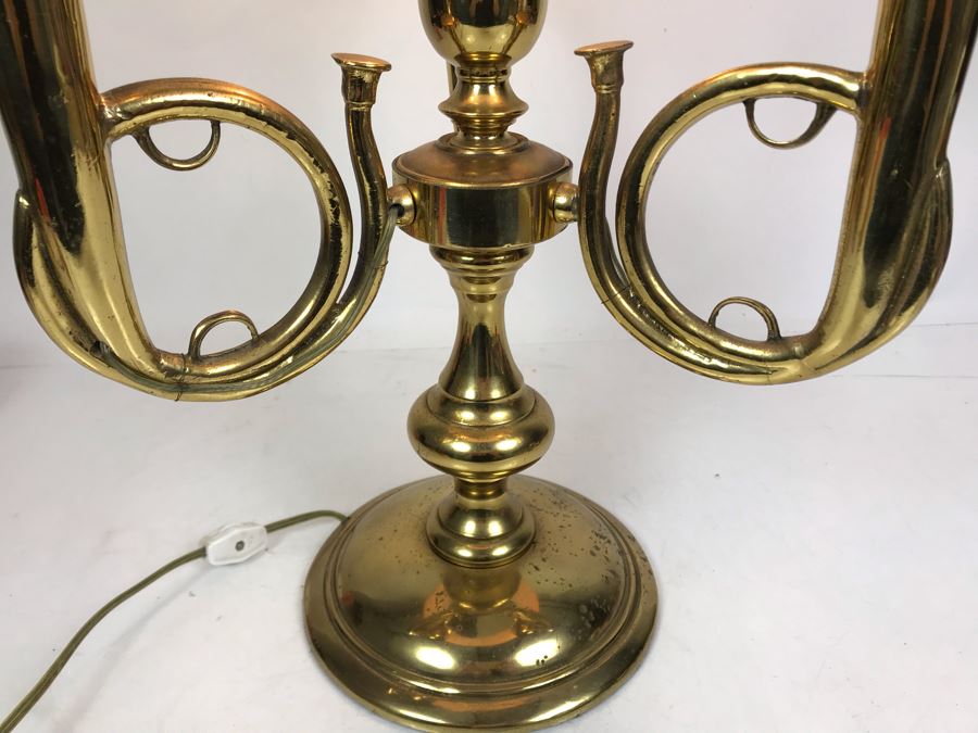 Stunning Heavy Brass 3-Light Trumpet Table Lamp With Metal Adjustable Height Shade 27H [Photo 10]