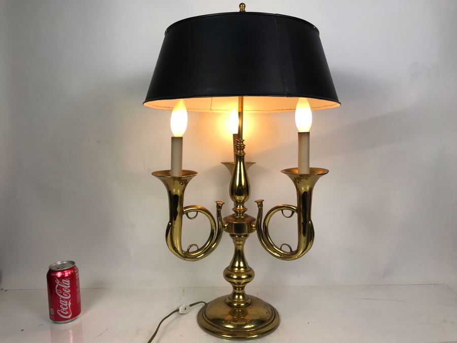 Stunning Heavy Brass 3-Light Trumpet Table Lamp With Metal Adjustable Height Shade 27H [Photo 12]