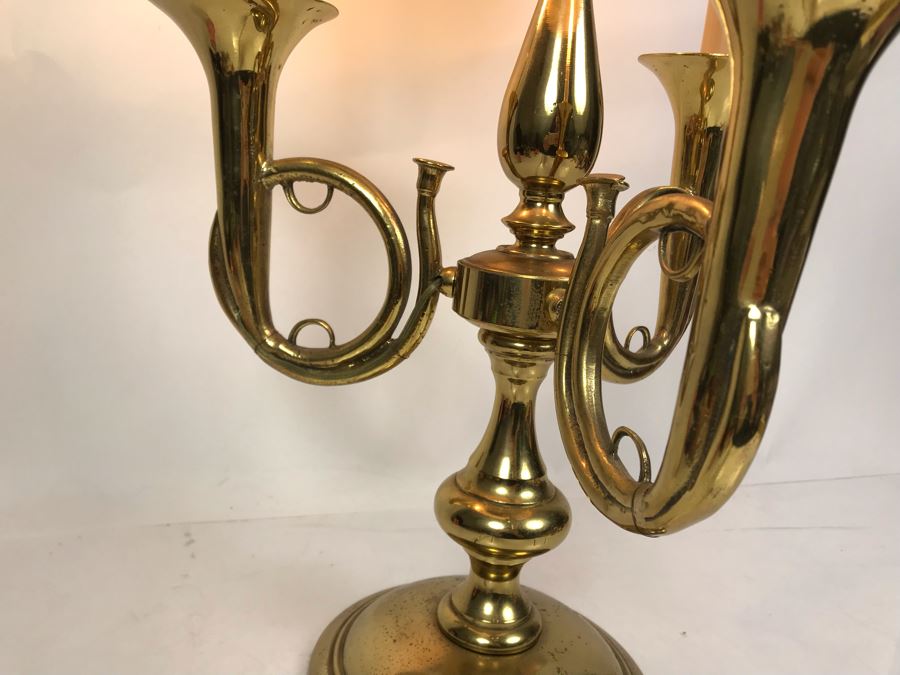 Stunning Heavy Brass 3-Light Trumpet Table Lamp With Metal Adjustable Height Shade 27H [Photo 5]