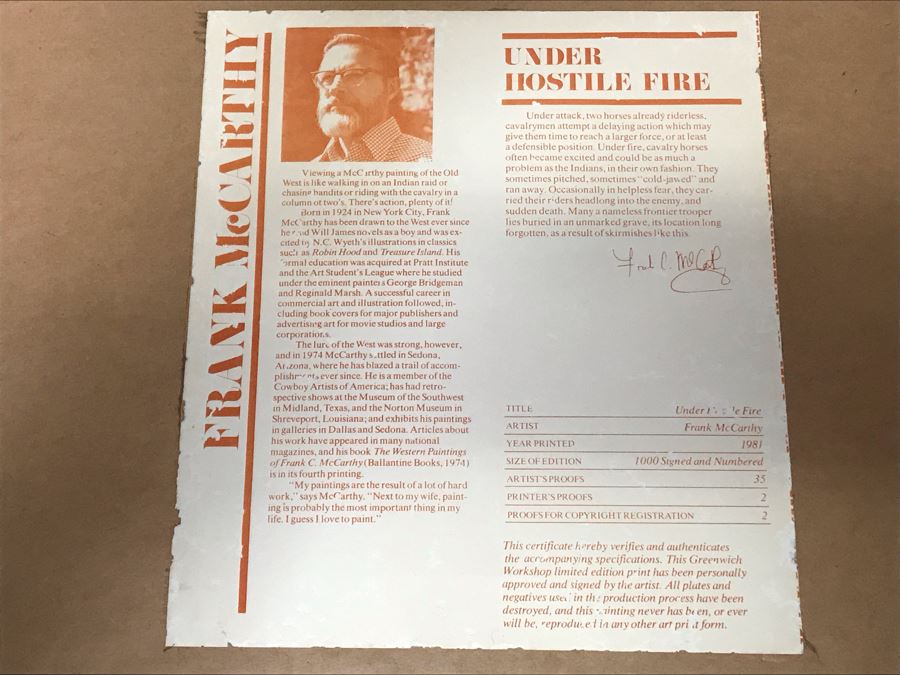 Frank McCarthy (1924-2002) Limited Edition Print Titled 'Under Hostile Fire' Hand Signed 26.5 X 18 No. 677 Of 1000 [Photo 25]