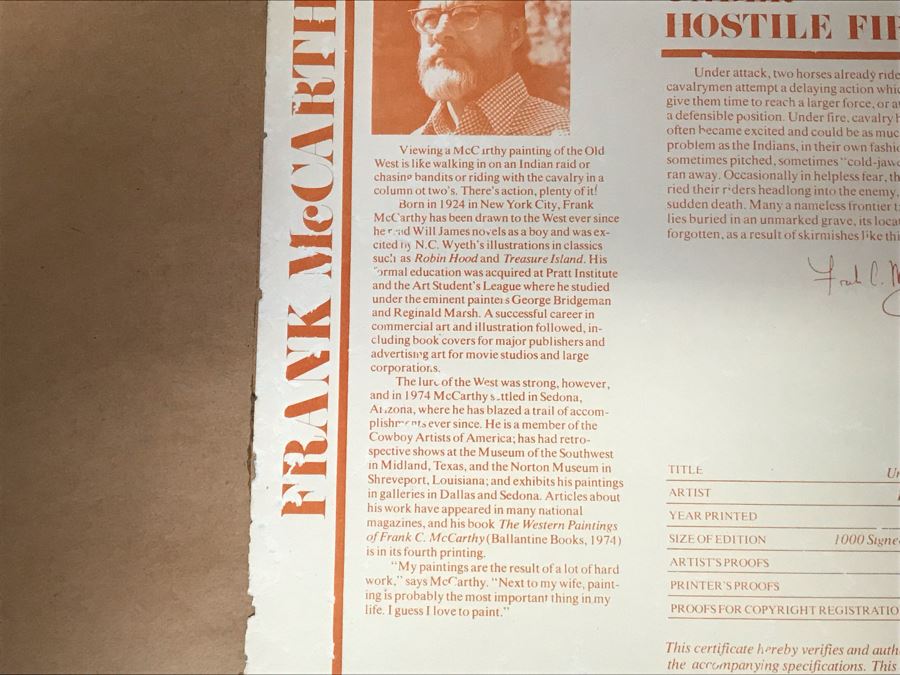 Frank McCarthy (1924-2002) Limited Edition Print Titled 'Under Hostile Fire' Hand Signed 26.5 X 18 No. 677 Of 1000 [Photo 30]