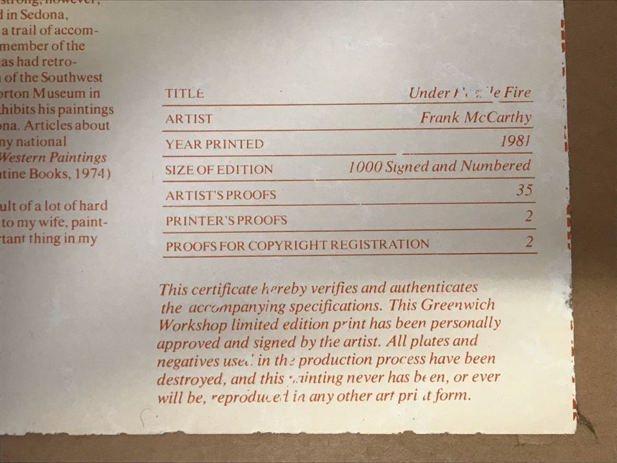 Frank McCarthy (1924-2002) Limited Edition Print Titled 'Under Hostile Fire' Hand Signed 26.5 X 18 No. 677 Of 1000 [Photo 29]
