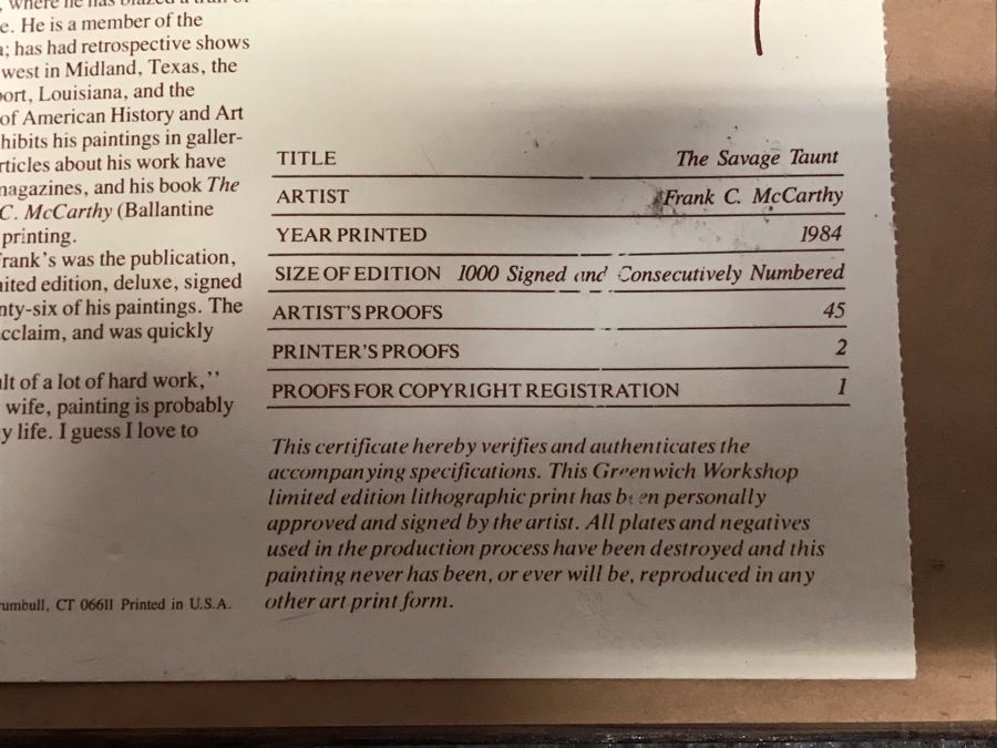 Frank McCarthy (1924-2002) Limited Edition Print Titled 'The Savage Taunt' Hand Signed 17.5 X 27 No. 544 Of 1000 [Photo 19]