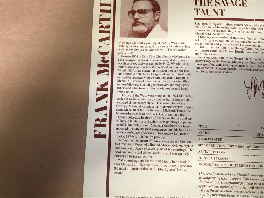 Frank McCarthy (1924-2002) Limited Edition Print Titled 'The Savage Taunt' Hand Signed 17.5 X 27 No. 544 Of 1000 [Photo 20]