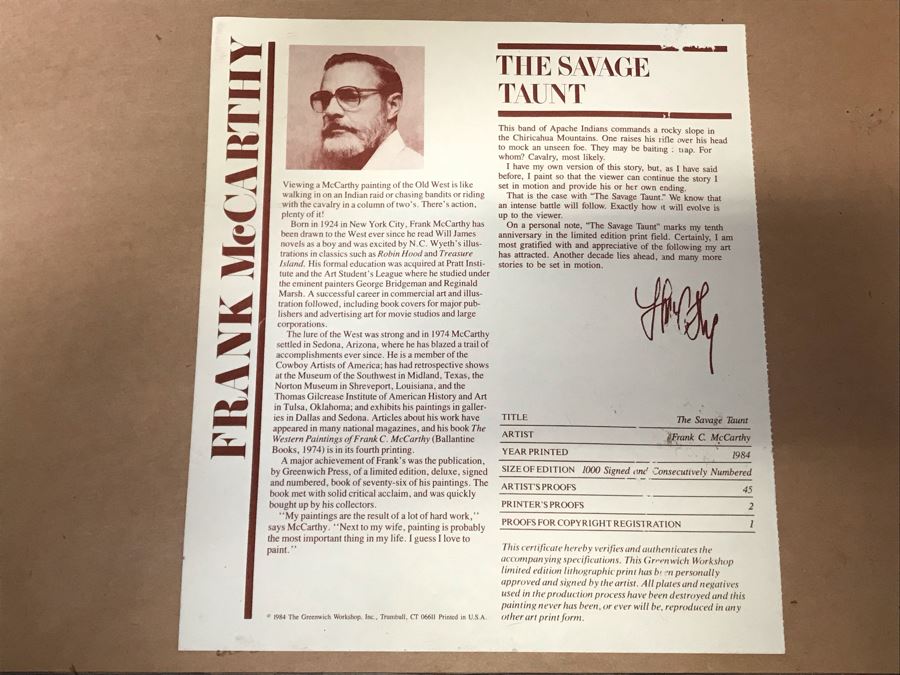 Frank McCarthy (1924-2002) Limited Edition Print Titled 'The Savage Taunt' Hand Signed 17.5 X 27 No. 544 Of 1000 [Photo 16]