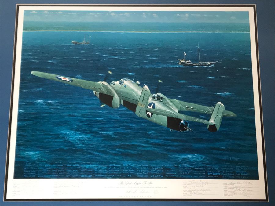 William S. Phillips Limited Edition Print Titled 'The Giant Begins To Stir' Inbound: Lt. Col. James H. Doolittle's B-25 Leads The Tokyo Raiders Across The Coast Of Japan No. 531 Of 1250 Signed By Artist And Signed By 16 Crew Members 27.5 X 22.5 [Photo 2]
