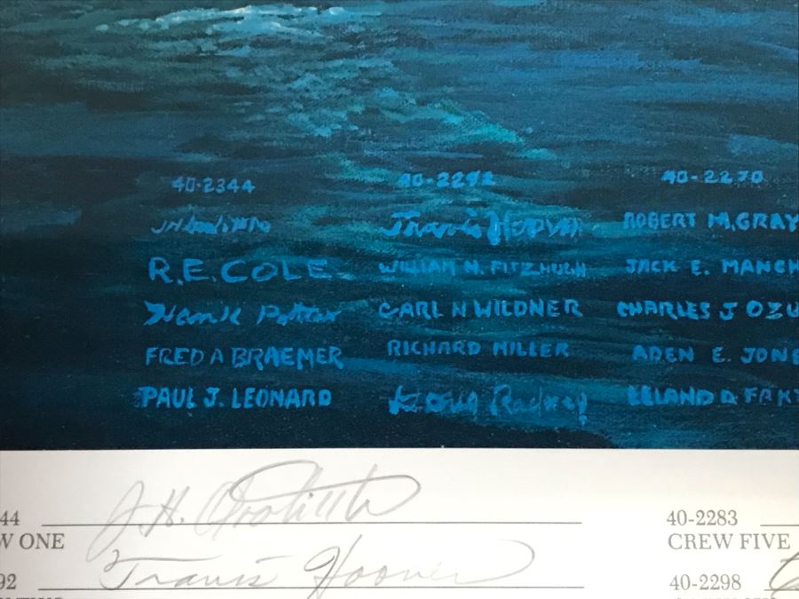 William S. Phillips Limited Edition Print Titled 'The Giant Begins To Stir' Inbound: Lt. Col. James H. Doolittle's B-25 Leads The Tokyo Raiders Across The Coast Of Japan No. 531 Of 1250 Signed By Artist And Signed By 16 Crew Members 27.5 X 22.5 [Photo 15]