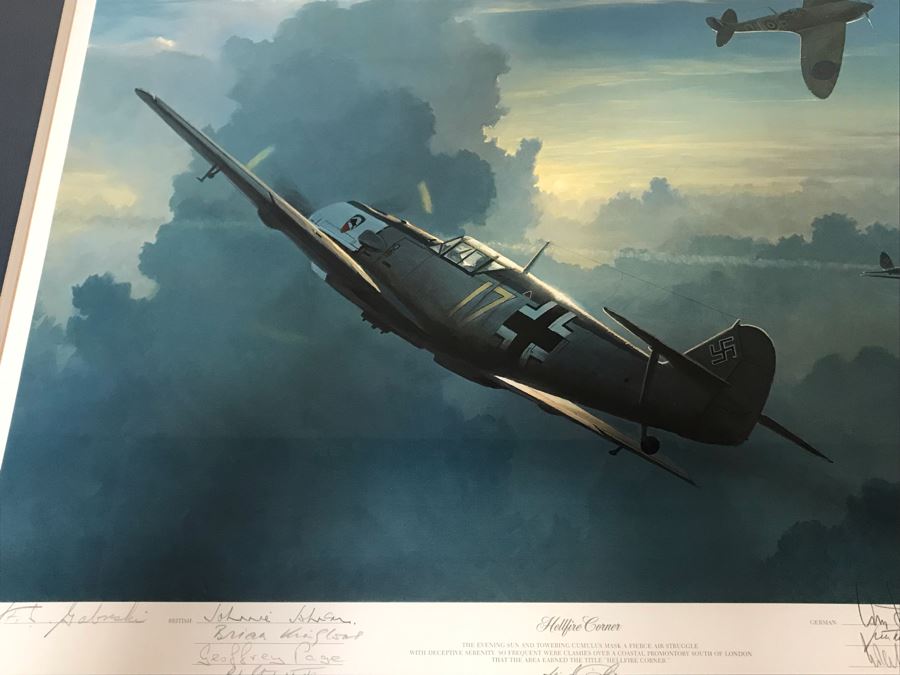 William S. Phillips Limited Edition Print Titled 'Hellfire Corner' Battle South Of London No. 942 Of 1250 Signed By Artist And Signed By Crew Members Including (1) American Signature, (4) British Signatures And (4) German Signatures 27 X 23 - See Photos [Photo 5]