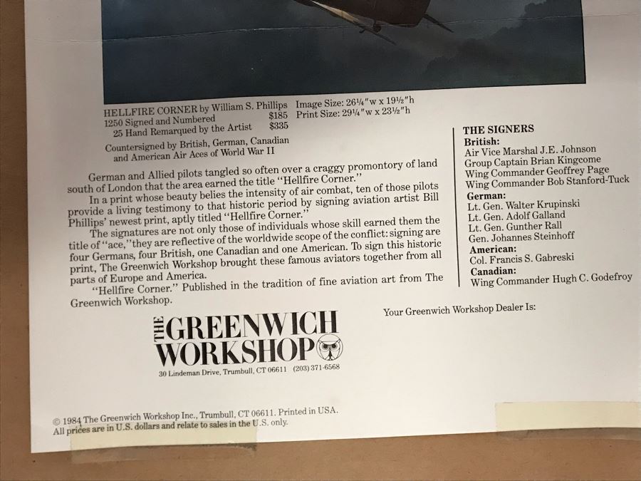 William S. Phillips Limited Edition Print Titled 'Hellfire Corner' Battle South Of London No. 942 Of 1250 Signed By Artist And Signed By Crew Members Including (1) American Signature, (4) British Signatures And (4) German Signatures 27 X 23 - See Photos [Photo 25]