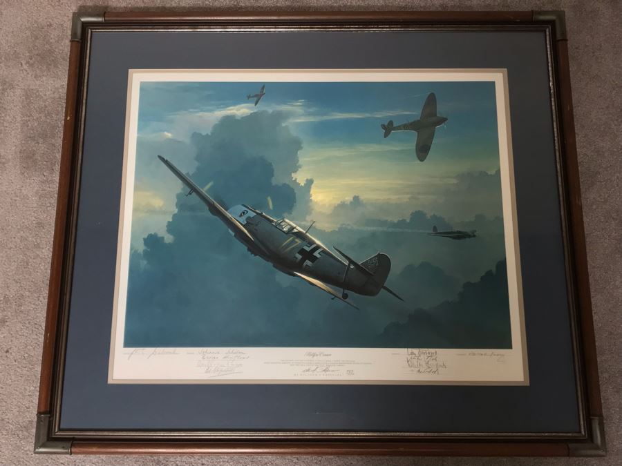 William S. Phillips Limited Edition Print Titled 'Hellfire Corner' Battle South Of London No. 942 Of 1250 Signed By Artist And Signed By Crew Members Including (1) American Signature, (4) British Signatures And (4) German Signatures 27 X 23 - See Photos [Photo 2]