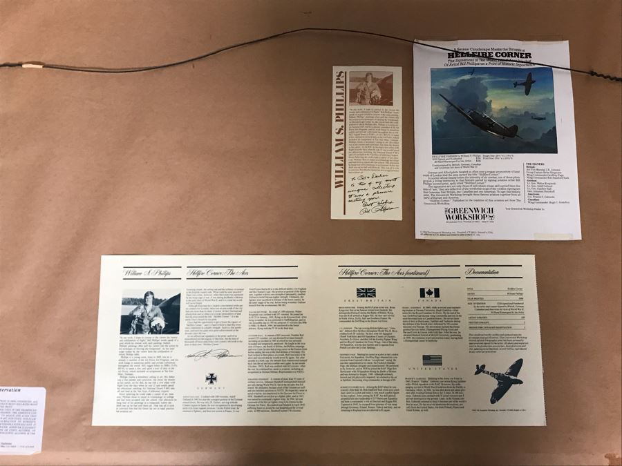 William S. Phillips Limited Edition Print Titled 'Hellfire Corner' Battle South Of London No. 942 Of 1250 Signed By Artist And Signed By Crew Members Including (1) American Signature, (4) British Signatures And (4) German Signatures 27 X 23 - See Photos [Photo 19]