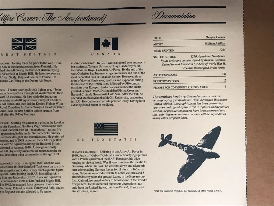 William S. Phillips Limited Edition Print Titled 'Hellfire Corner' Battle South Of London No. 942 Of 1250 Signed By Artist And Signed By Crew Members Including (1) American Signature, (4) British Signatures And (4) German Signatures 27 X 23 - See Photos [Photo 30]