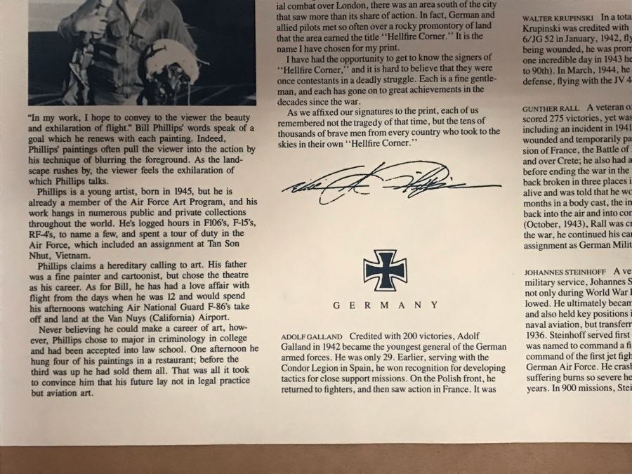 William S. Phillips Limited Edition Print Titled 'Hellfire Corner' Battle South Of London No. 942 Of 1250 Signed By Artist And Signed By Crew Members Including (1) American Signature, (4) British Signatures And (4) German Signatures 27 X 23 - See Photos [Photo 27]