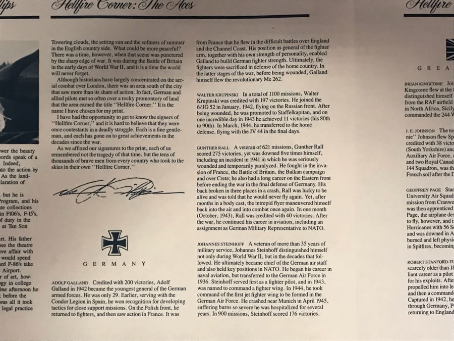 William S. Phillips Limited Edition Print Titled 'Hellfire Corner' Battle South Of London No. 942 Of 1250 Signed By Artist And Signed By Crew Members Including (1) American Signature, (4) British Signatures And (4) German Signatures 27 X 23 - See Photos [Photo 28]